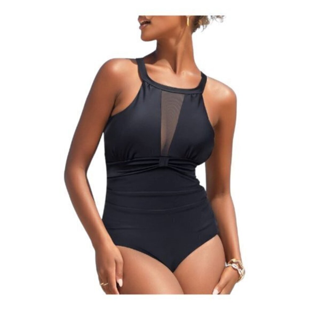 Black Mesh V-Neck Monokini Tummy Control Swimsuit Size Small NWT #1121